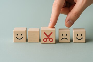 Concept of selection and choice, hand choosing wooden block with scissors icon among smile face