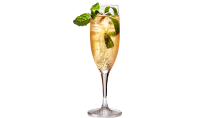Flute Glass of Champagne Mojito with Light Golden Hue and Mint