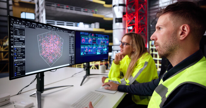 Industrial Engineer And Young Woman Control SCADA Panel