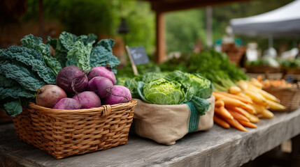 Fresh Organic Vegetables Displayed at a Farmers Market Stall