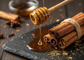 Sweet honey drizzles onto a bundle of cinnamon sticks with star anise