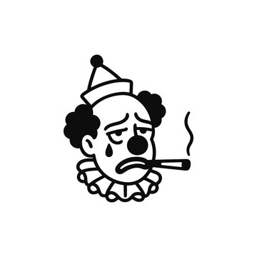 Sad clown smoking a cigarette with a melancholic expression. Minimal black and white cartoon illustration for stickers, icons, comics, emotions and graphic design.
