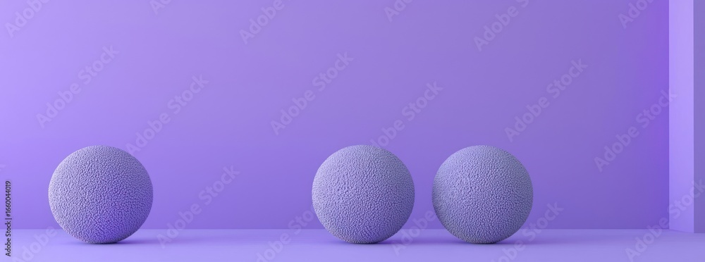 Poster three spherical objects with textured surfaces against a uniform purple background