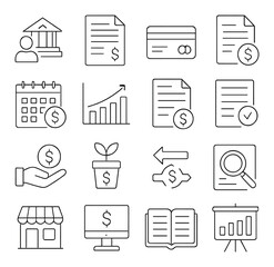 Finance and business icons collection featuring charts, documents, and payment symbols