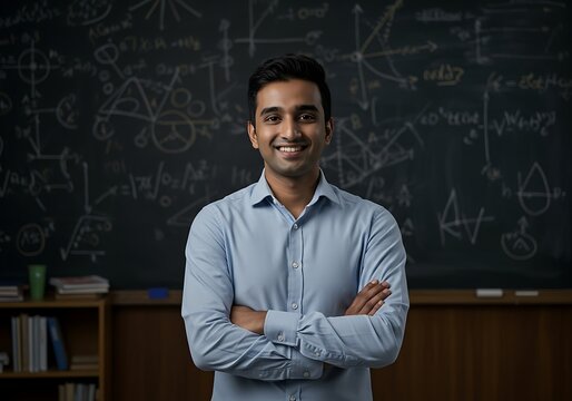 Smiling young male teacher or student stands confidently before a blackboard filled with mathematical equations and diagrams. Perfect for education, academia, and professional concepts. - Powered by Adobe