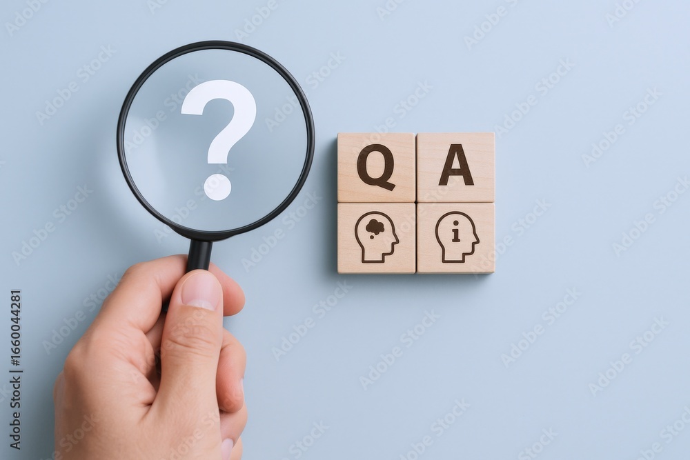 Poster questions and answers concept with magnifying glass examining faq presentation on wooden blocks