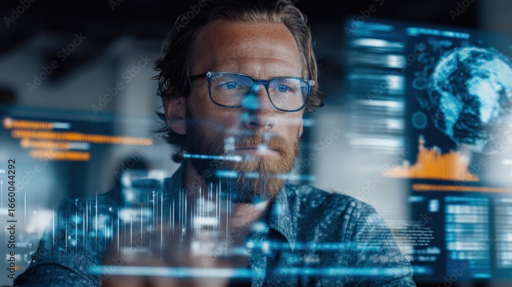 Aufkleber focused software engineer analyzing data and code on multiple screens for development and innovation