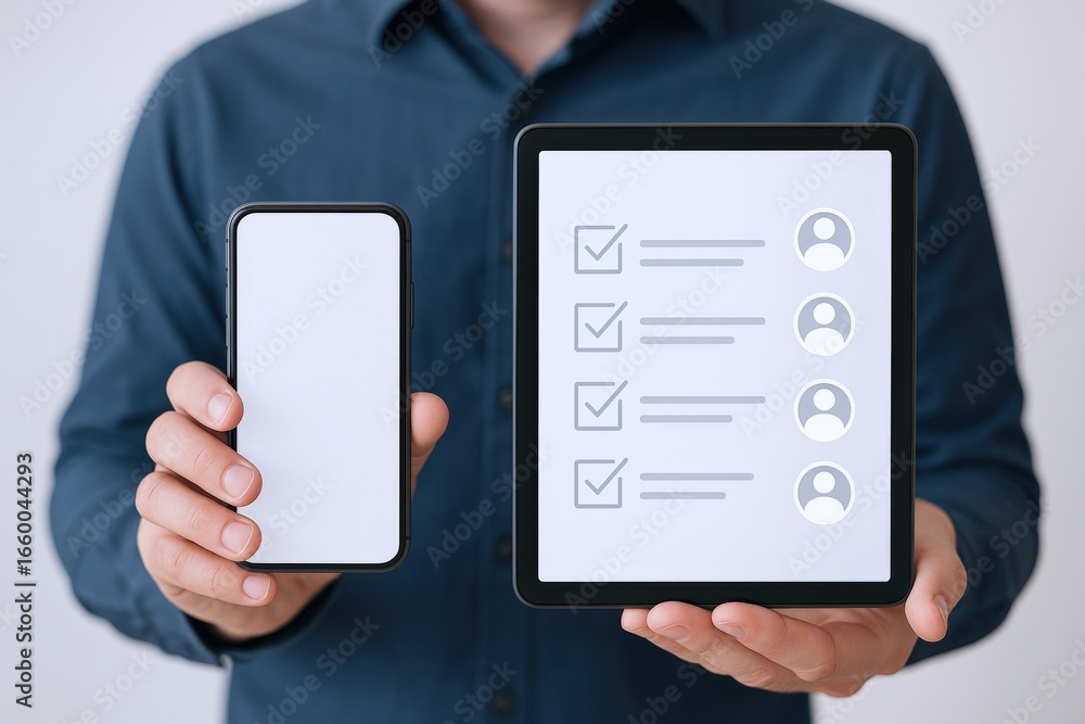 Poster person displaying digital devices with user interface for applications and responsive website design