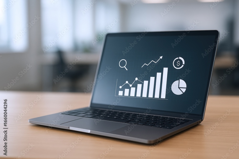 Poster laptop displaying business analytics and data visualization for strategic decision making and perfor