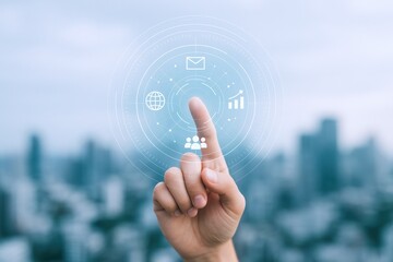 Human Hand Touching Digital Interface with Icons, Representing Modern Technology and Communication against a Cityscape Background