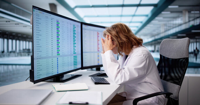 Exhausted Nurse Struggles With Spreadsheets On Hospital Computer Screen