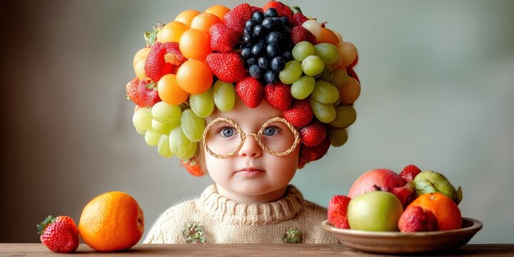 Adorable baby wearing a fruit hat and glasses with a plate of fresh fruit