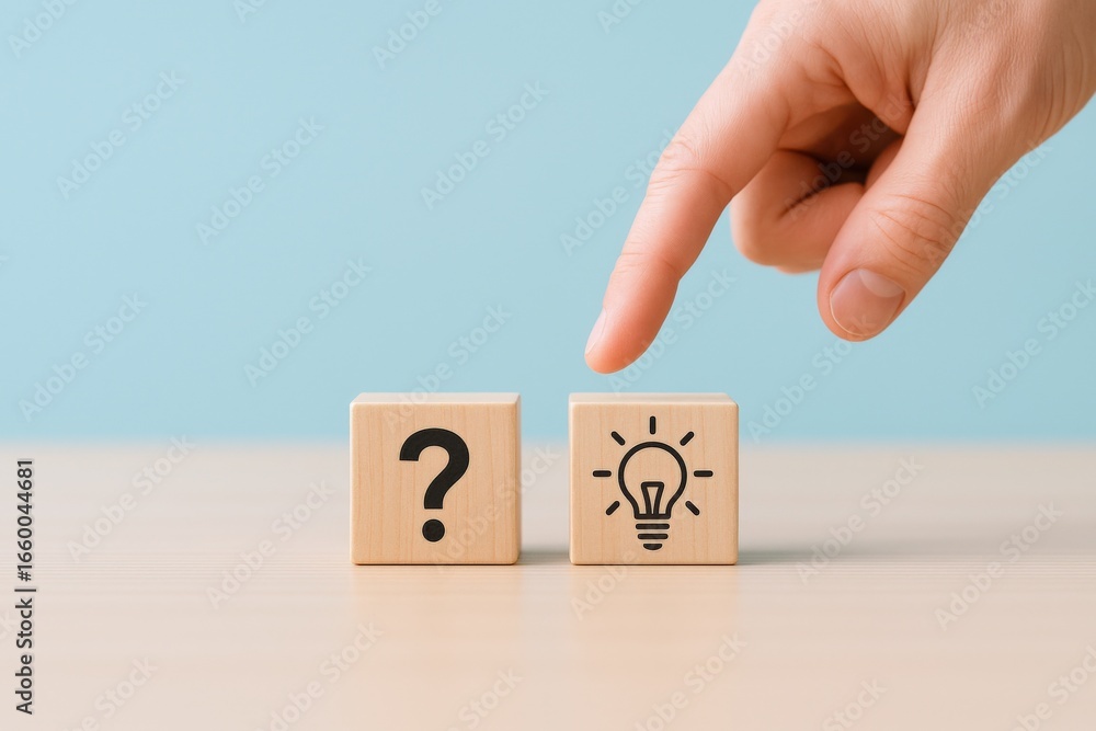Poster Problem Solving Concept: Finger Pointing from Question Mark to Light Bulb on Wooden Blocks