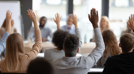 Diverse Group of People Raising Hands in a Meeting, Showing Agreement and Active Participation