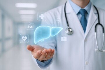 Doctor Presents Liver Hologram: Healthcare Professional Displaying Advanced Medical Technology for Liver Health and Treatment Options