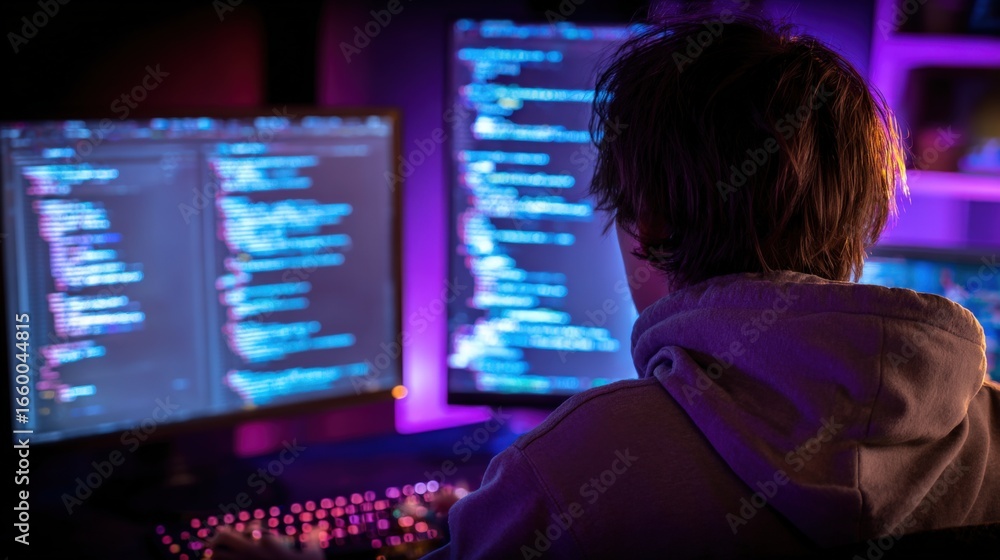 Poster software developer coding at night with multiple monitors displaying complex code in purple lit room