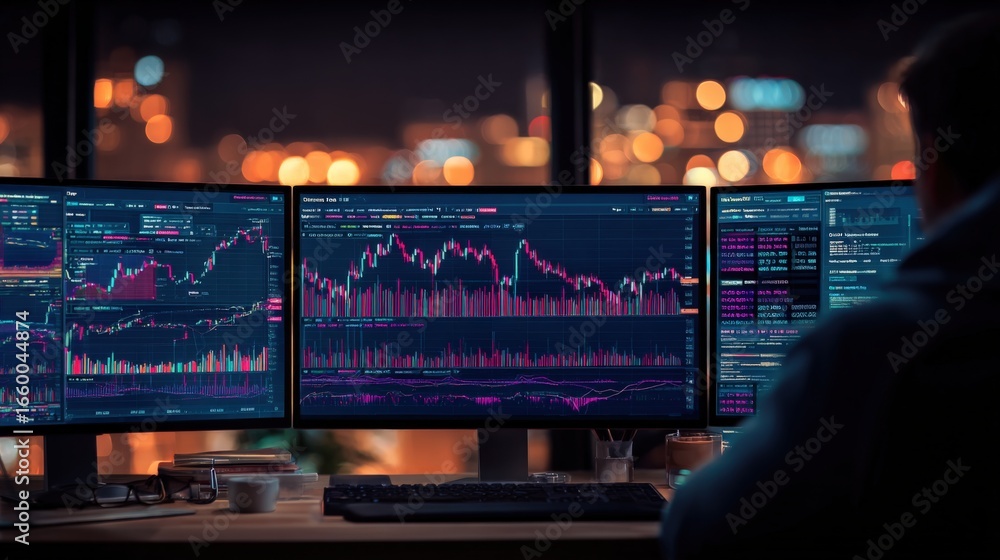 Poster trader analyzing stock market data on multiple computer screens at night, financial trading and inve