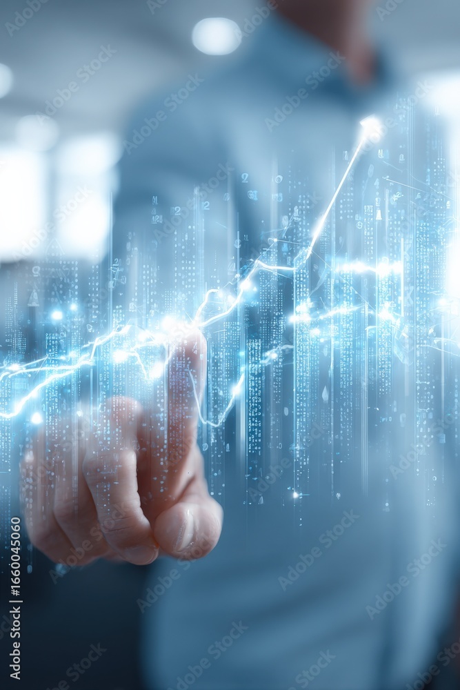 Poster man interacting with a glowing graph displaying growth and futuristic technology visualization