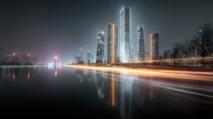 Obraz premium Modern Cityscape at Night with Light Trails Reflecting on Water, Featuring Urban Development and Futuristic Design
