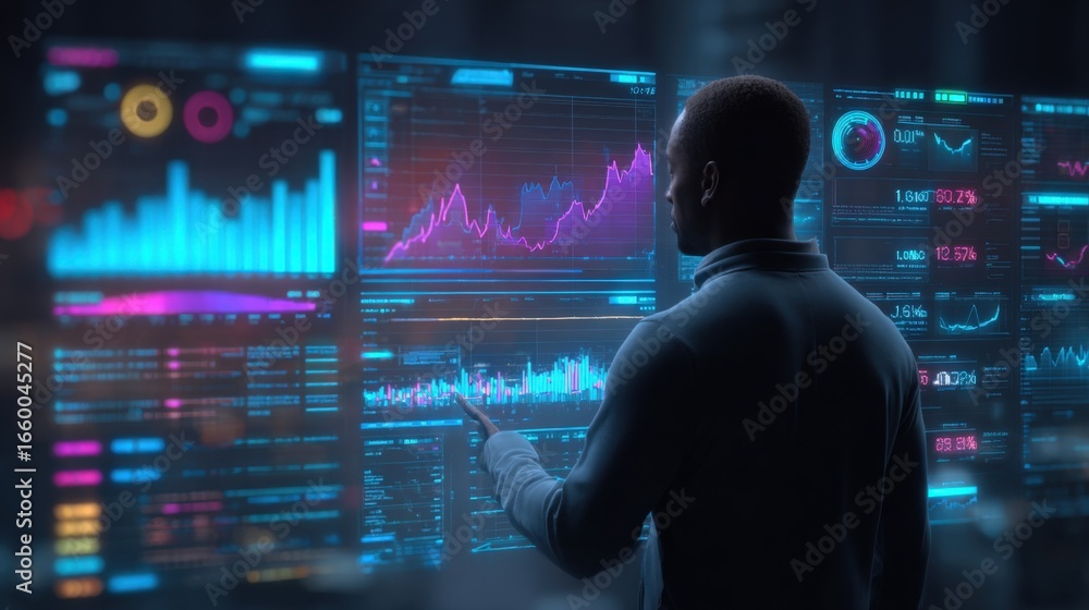 Aufkleber data analysis expert examining complex financial market charts and real-time data on multiple screen