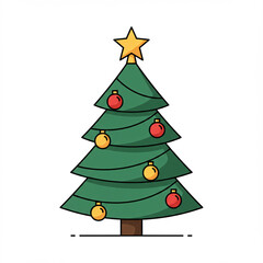 A vector illustration of a festive Christmas tree adorned with colorful balls, a shining star, and other holiday decorations