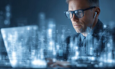 Man Wearing Glasses Working on Laptop with Digital Interface Overlay for Business and Technology Concepts