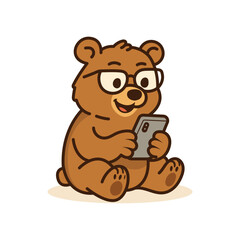 Cute Cartoon Bear with Glasses Playing with Smartphone