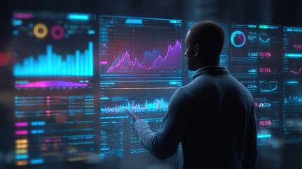 Data Analysis Expert Examining Complex Financial Market Charts and Real-Time Data on Multiple Screens