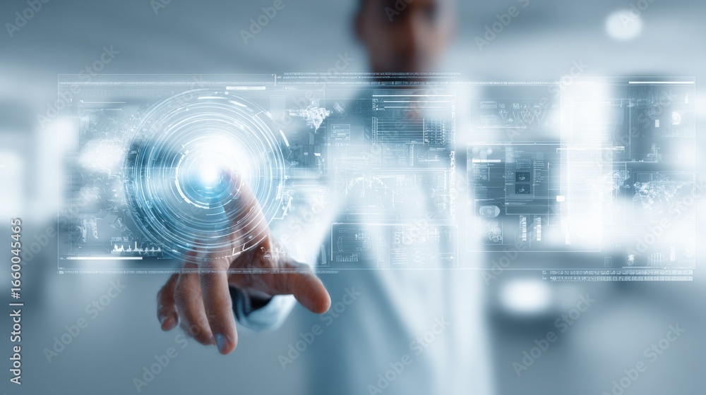 Poster futuristic technology interface with person touching holographic screen display for innovation and d