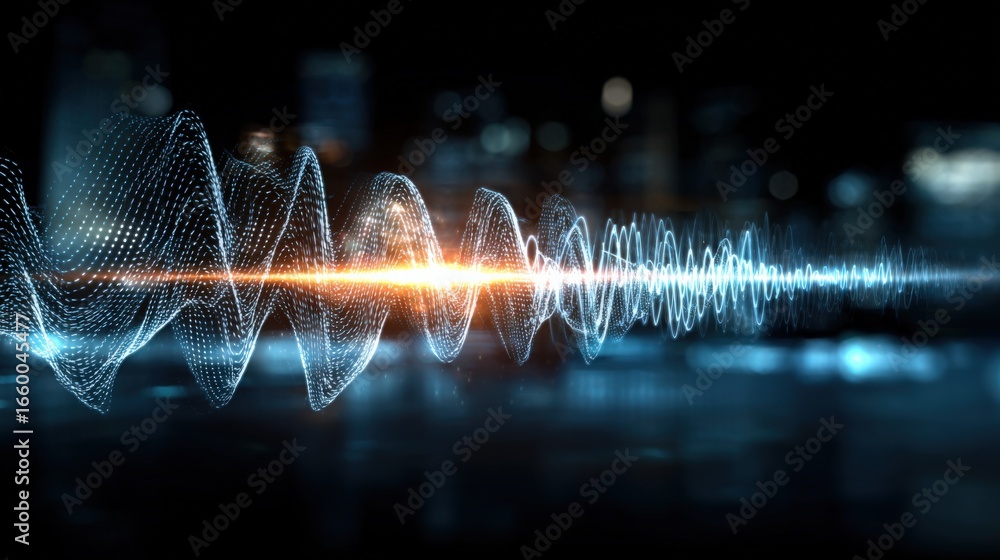 Aufkleber abstract data stream visualization with glowing light in futuristic urban environment, artificial in