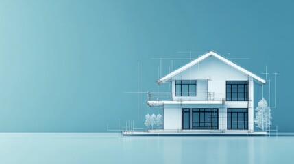 Modern Architectural House Design with White Geometric Structure and Clean Lines in a Minimalist Aesthetic on Teal Background