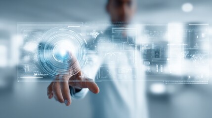 Futuristic Technology Interface with Person Touching Holographic Screen Display for Innovation and Digital Transformation in Modern Business