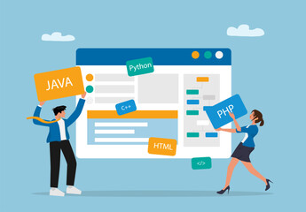 Creative Web Design and Development Team Collaboration Concept with Programmers Coding in Java, Python, PHP, HTML, and C++ Language Illustration for Modern Digital Technology Interface
