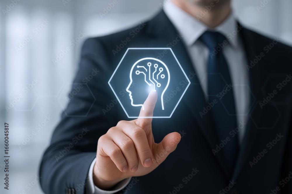 Poster businessman touching holographic artificial intelligence interface, illustrating machine learning, n