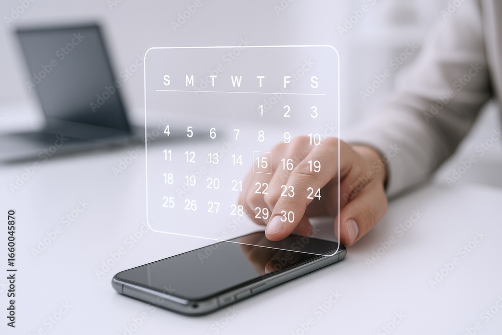 Aufkleber Scheduling Appointment with Mobile Calendar Application: Close-up of Hand Touching Phone Screen with Transparent Calendar Overlay