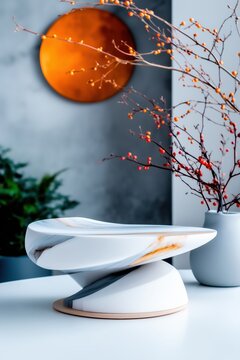 Marble podium against the backdrop of a vase with dried flowers and a plant