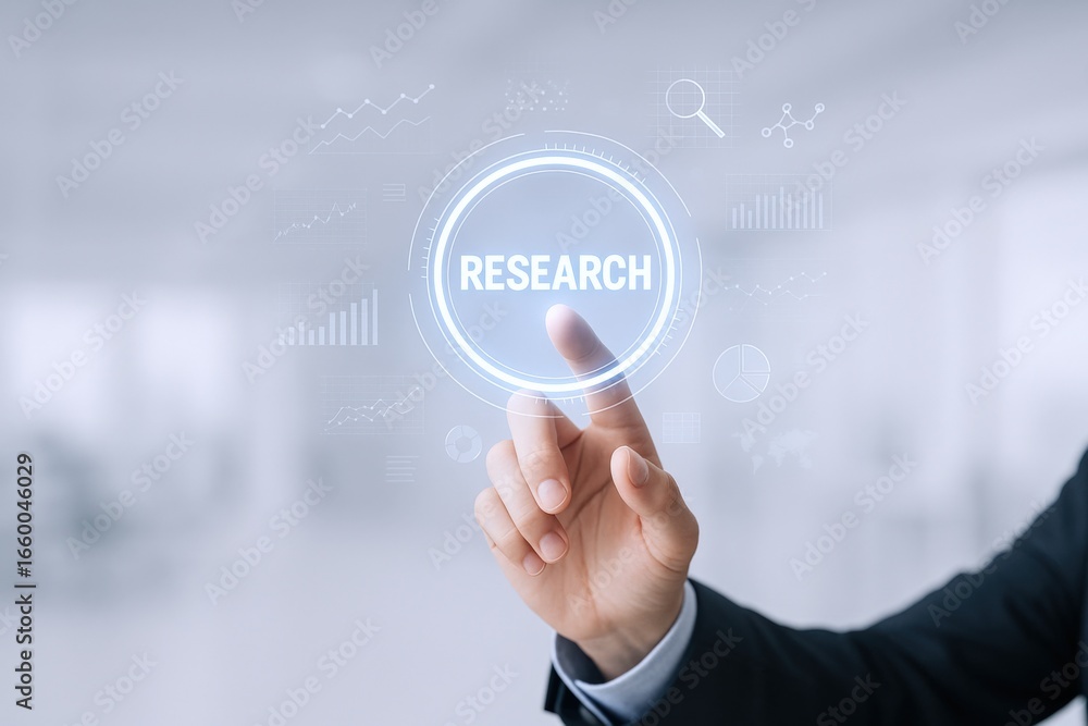 Poster research concept: man interacting with touchscreen interface visualizing data and analysis in a futu