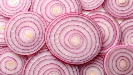 Close up of thinly sliced red onions showing concentric rings and vibrant purple color