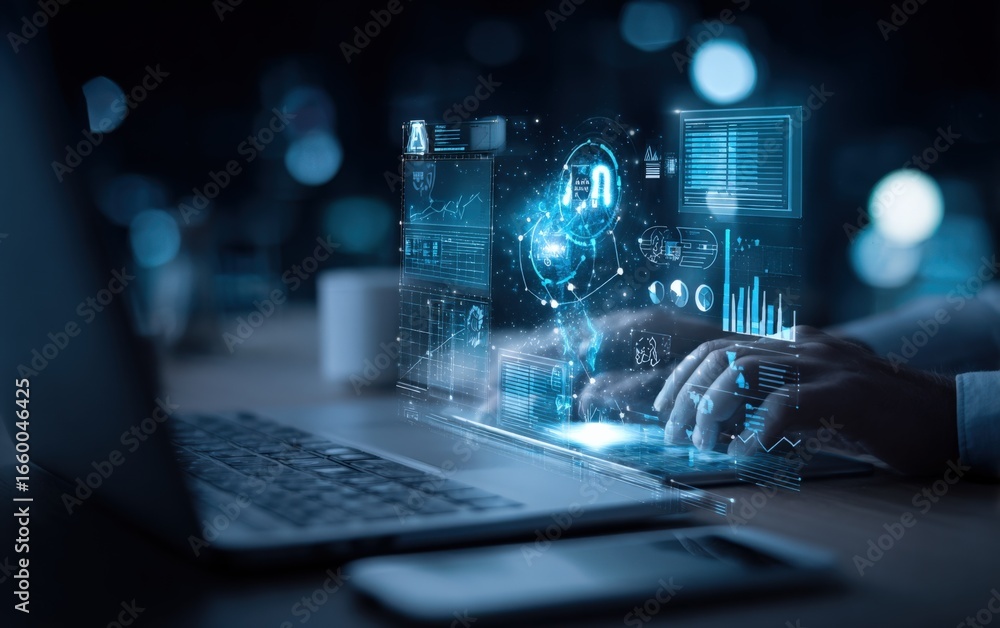 Aufkleber data analysis and visualization: hands on laptop with digital interface, cybersecurity concept
