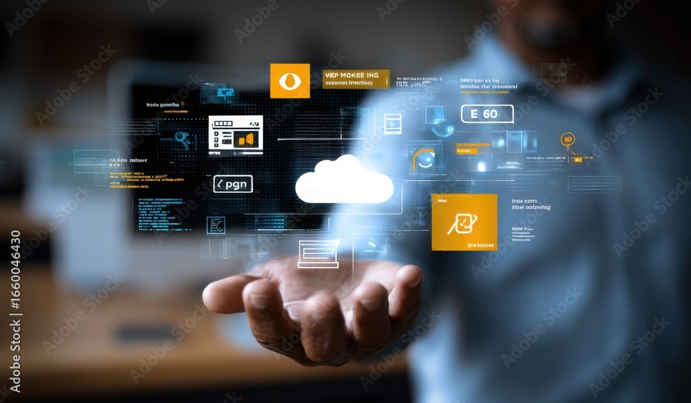 Aufkleber digital transformation: businessman presenting cloud computing and data visualization technology in 