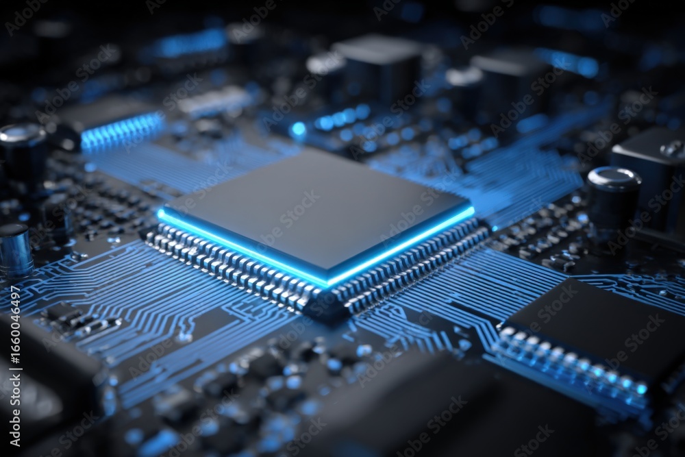 Poster advanced microchip technology: close-up of a blue lit processor on a circuit board for innovation