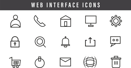 Set of minimalist web interface icons vector illustration, flat UI design elements for apps, websites, user interface, computer, technology, communication, shopping, security, business