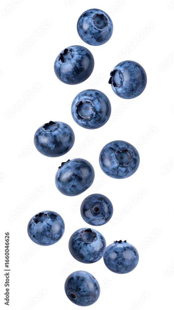 Poster ripe blueberries falling against a transparent background, creating a dynamic and appetizing visual