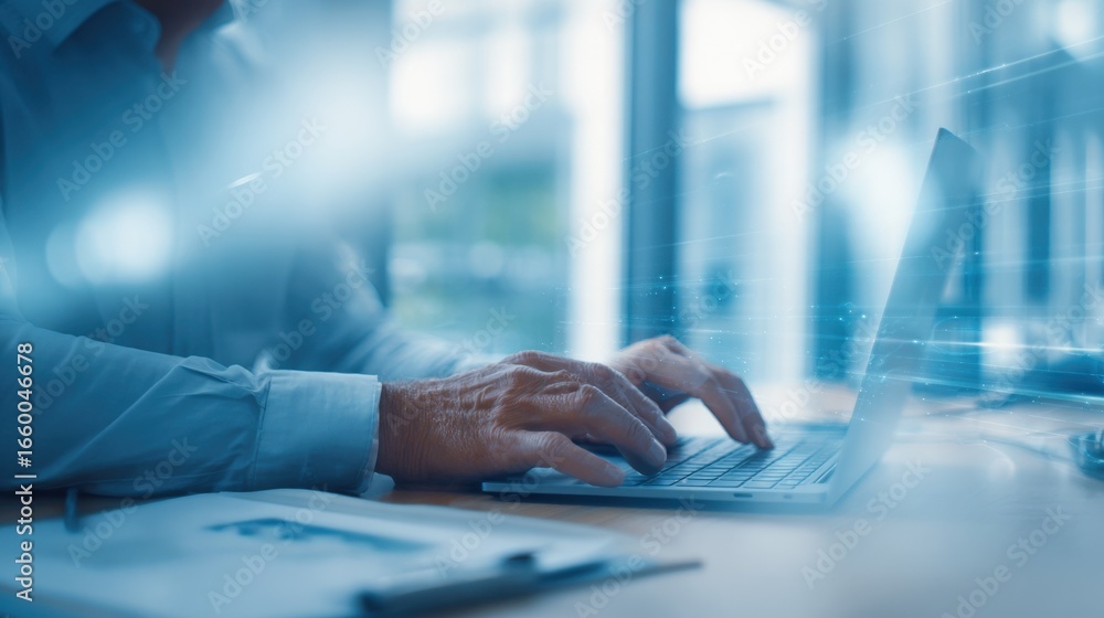Poster hands typing on laptop keyboard with data stream, business intelligence and technology concept
