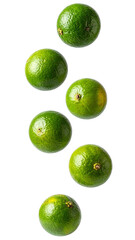 Calamansi fruits dropping, suspended against transparent backdrop, delivering bright, dynamic visual composition