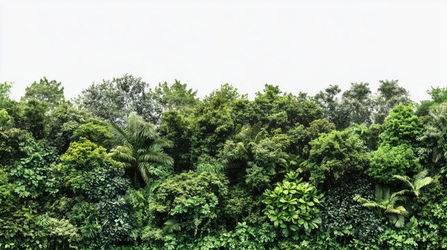 The lush green foliage of various trees and shrubs creates a bright stripe against the white background.
