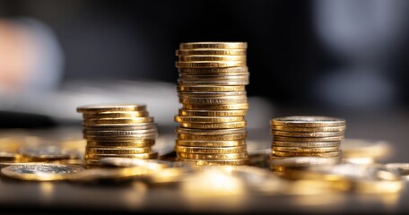 Stack of shiny golden coins representing investment, savings, finance, wealth, and future economic opportunities