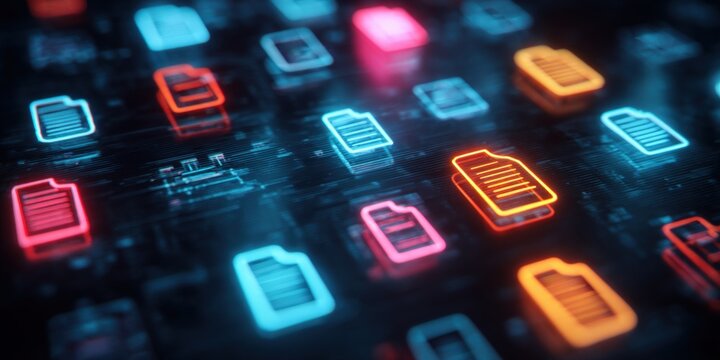 Digital Documents: Abstract glowing file icons representing data management, organization, and digital information on a modern dark background