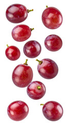 Ripe red grapes dropping, splashing dramatically over transparent background with vibrant color