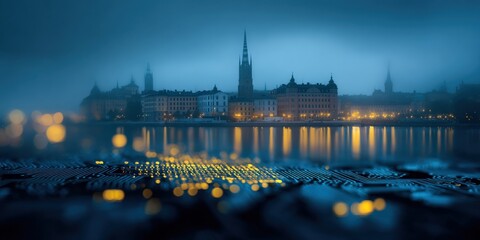 Obraz premium Cityscape Reflection on Circuit Board: Futuristic Tech Meets Urban Infrastructure Conceptual Image